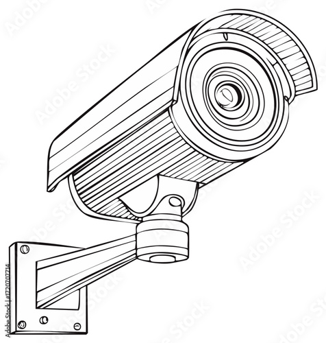 Security camera with protective shield in vector line art illustration for crime prevention and surveillance
