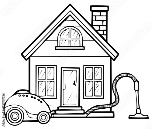 House Cleaning Time Vacuum Cleaner with Hose in front of Detached Home Line Drawing Illustration