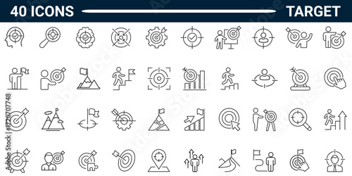 Set of 40 outline icons related to target. Linear icon collection. Editable stroke. Vector illustration. Pictogram collection.