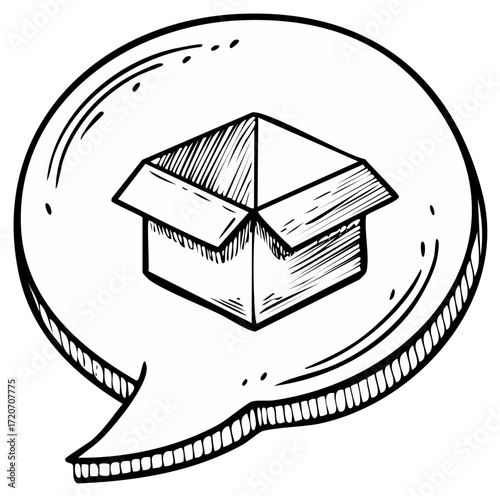 Open Box Inside a Speech Bubble Concept Illustration, Package Delivery Symbol