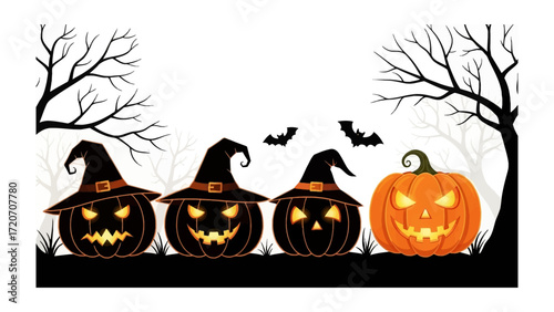 Halloween Pumpkin Patch: Carved pumpkins with witch hats, alongside the full moon and spooky bats, bring the spirit of Halloween.
