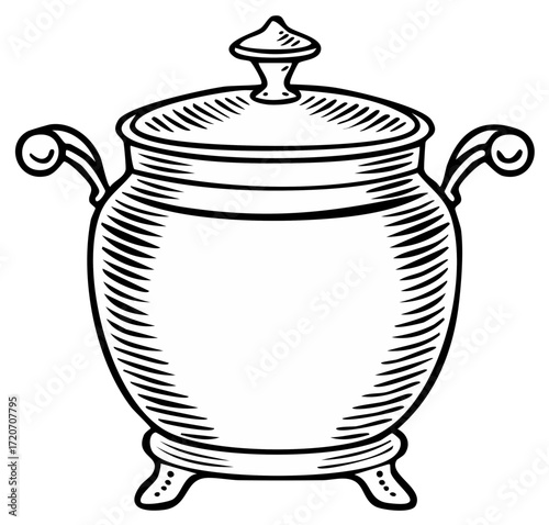 Antique Pot with Handles and Lid Engraved Illustration Vintage Kitchenware