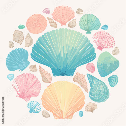 A meticulous vector illustration of a pastel seashell collection, showcasing varied shapes in pale coral, light aqua, and soft yellow with fine line work and subtle shading, suitable for beach decor.
