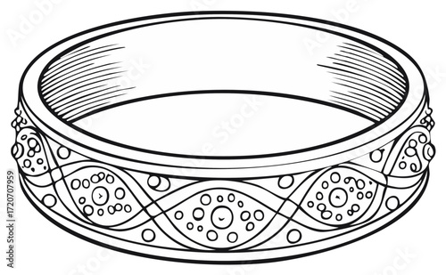 Detailed line art illustration of an ornate ring with a circular patterned band