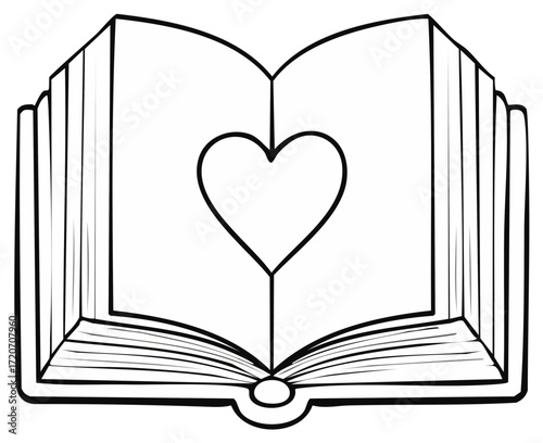 Open book with heart symbol on page in simple line art style