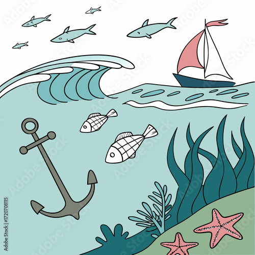 A charming illustration of marine life featuring a sailboat crashing wave swimming fish anchor seaweed and starfish in a vibrant underwater scene