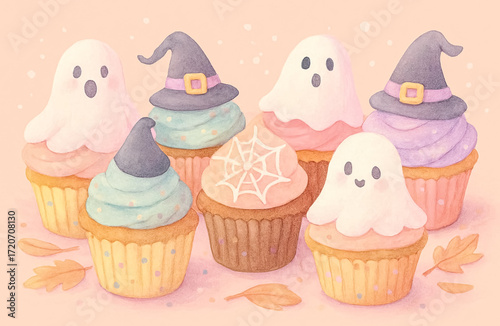 Cupcakes decorated with spider webs, witches hats, and ghost faces, pastel aesthetic, cute Halloween vibe