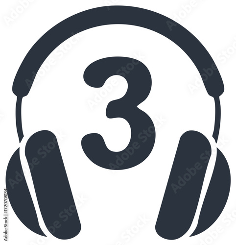 Headphones Icon with Number 3 Simple Vector Graphic for Music or Podcast Logo
