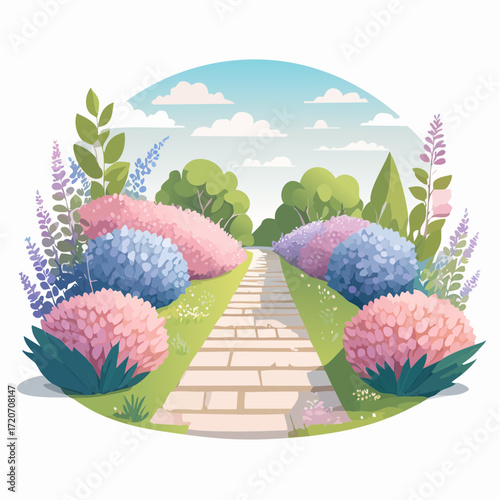 A refined vector illustration of a pastel garden pathway, lined with flowers and shrubs in soft greens, lavenders, and pinks with delicate gradients, ideal for home design inspiration.
