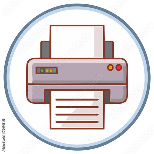 Simple illustration of a modern printing machine printing documents, inside a circular border