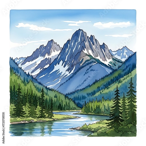 A serene mountain landscape, rendered in vibrant watercolor hues, showcases a winding river flowing through a valley nestled between towering peaks.