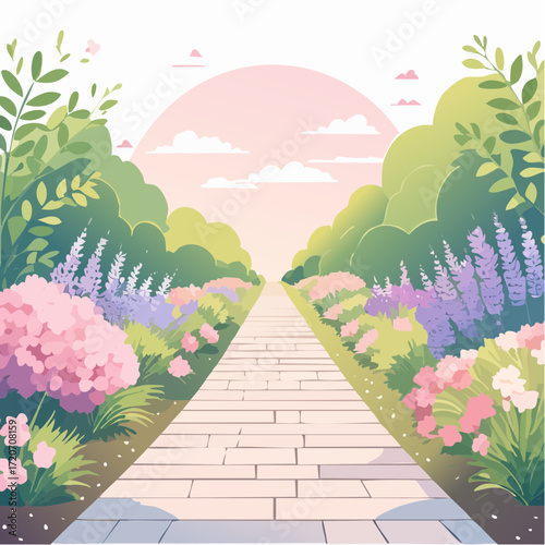A refined vector illustration of a pastel garden pathway, lined with flowers and shrubs in soft greens, lavenders, and pinks with delicate gradients, ideal for home design inspiration.
