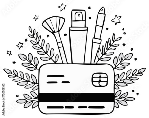 Credit card holding makeup brushes, sprays, and eyeliner with floral decorations and stars