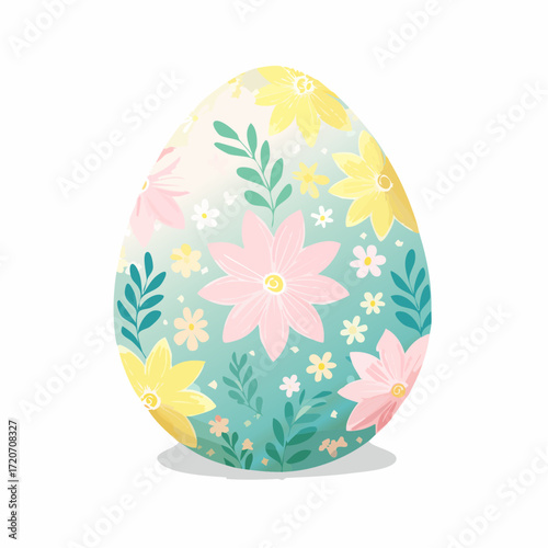 A vibrant vector illustration of a pastel Easter egg design, adorned with floral patterns in light yellow, mint, and rose with glossy finishes and fine detailing, suitable for seasonal crafts.
