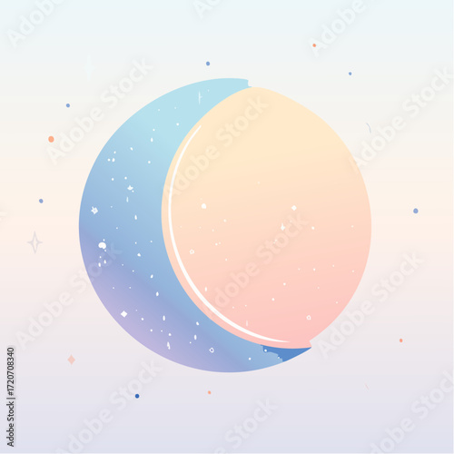 A exquisite vector illustration of a pastel dreamy moon, glowing in soft peach, lilac, and pale blue with subtle star accents and smooth gradients, perfect for inspirational wall art.
