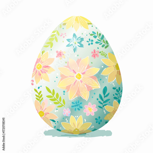 A vibrant vector illustration of a pastel Easter egg design, adorned with floral patterns in light yellow, mint, and rose with glossy finishes and fine detailing, suitable for seasonal crafts.
