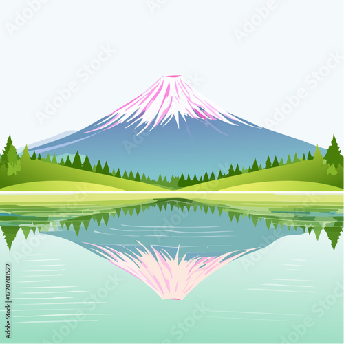 A polished vector illustration of Mount Fuji reflected in a lake, with pastel waters in soft blues, pinks, and greens, featuring delicate ripples and fine details, suitable for nature calendars.
