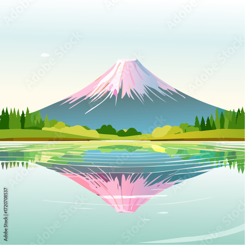 A polished vector illustration of Mount Fuji reflected in a lake, with pastel waters in soft blues, pinks, and greens, featuring delicate ripples and fine details, suitable for nature calendars.
