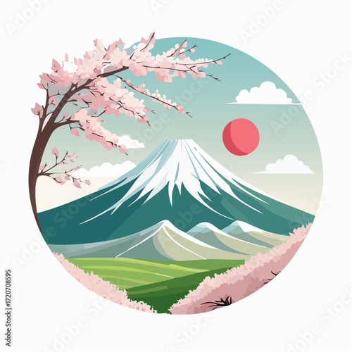 A meticulous vector illustration of Mount Fuji with cherry blossoms in the foreground, in pastel pinks, whites, and light greens, with intricate petal textures, perfect for seasonal greetings.
