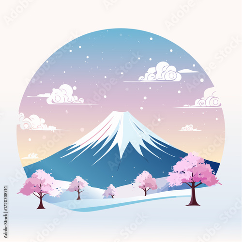 A detailed vector illustration of Mount Fuji in a snowy landscape, with a pastel palette of light blues, purples, and whites, featuring soft snowflakes and gentle gradients, ideal for winter decor.
