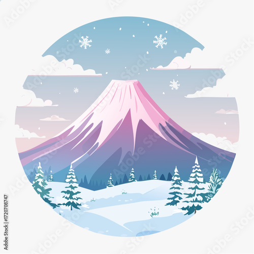 A detailed vector illustration of Mount Fuji in a snowy landscape, with a pastel palette of light blues, purples, and whites, featuring soft snowflakes and gentle gradients, ideal for winter decor.
