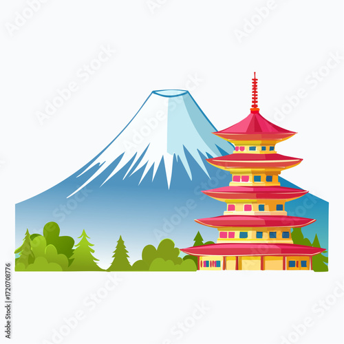 A refined vector illustration of Mount Fuji with a traditional pagoda, in pastel reds, yellows, and blues, with smooth shading and precise architectural lines, suitable for cultural tourism materials.