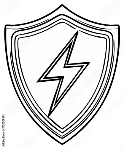 Stylized vector illustration of a defensive shield with a jagged lightning bolt, security with power in a single line drawing