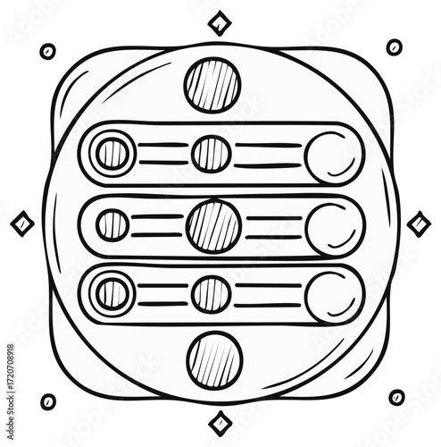 Abstract geometric pattern with circles and rectangles doodle style in black and white coloring page illustration