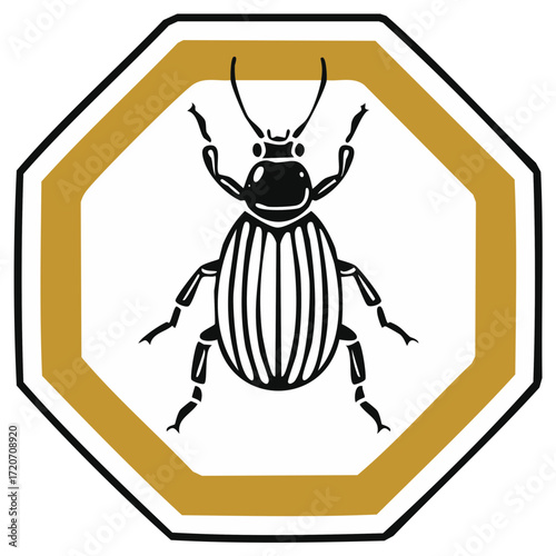 Black Beetle Icon in Gold Octagon Symbol, Insect Pest Control Illustration