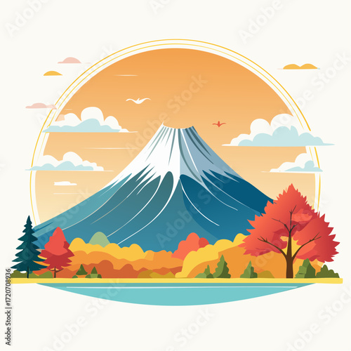 A charming vector illustration of Mount Fuji with autumn foliage, in pastel oranges, reds, and yellows, with fine leaf details and smooth transitions, ideal for seasonal travel brochures.
