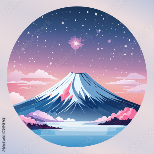 A exquisite vector illustration of Mount Fuji under a pastel night sky, with soft purples, blues, and pinks, featuring subtle starlight and a glowing peak, suitable for inspirational art.
