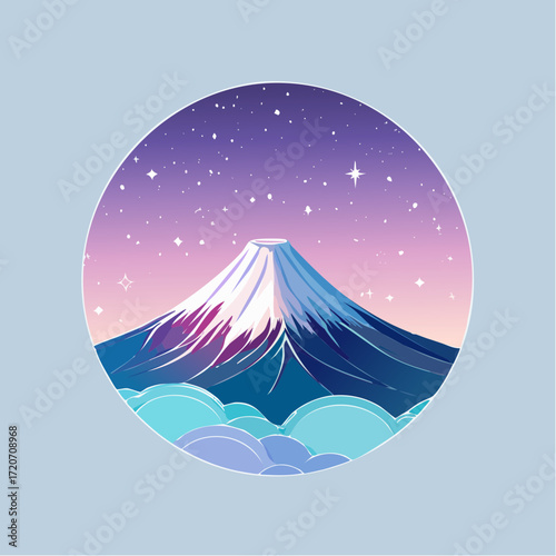 A exquisite vector illustration of Mount Fuji under a pastel night sky, with soft purples, blues, and pinks, featuring subtle starlight and a glowing peak, suitable for inspirational art.
