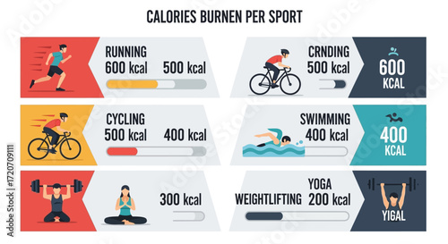 Flat lay infographic illustrating calories burned per sport: running, cycling, swimming, weightlifting, and yoga, shown with colorful icons against a white background.