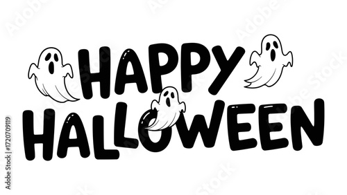 Happy Halloween wishes: A whimsical greeting card design for Halloween featuring playful ghosts floating above the festive text. The image captures the spirit of the holiday.