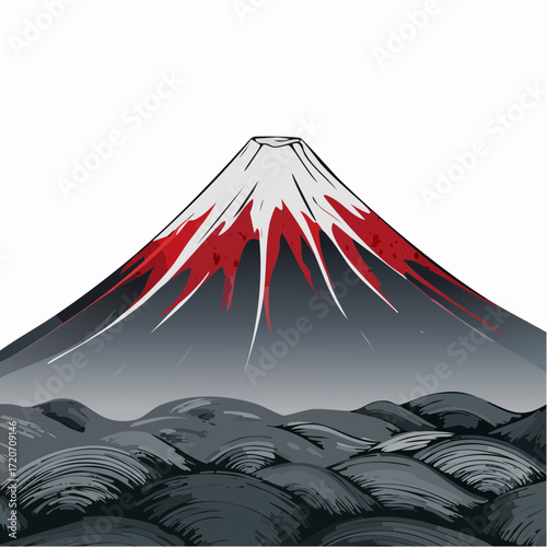 A refined vector illustration of Mount Fuji's volcanic landscape, featuring dark lava fields and a stark gray mountain in a dramatic black and red color scheme with precise textures, ideal for geologi