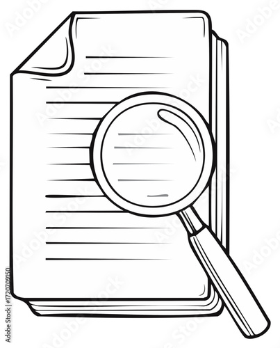 Magnifying glass over a document with lines of text, graphic illustration
