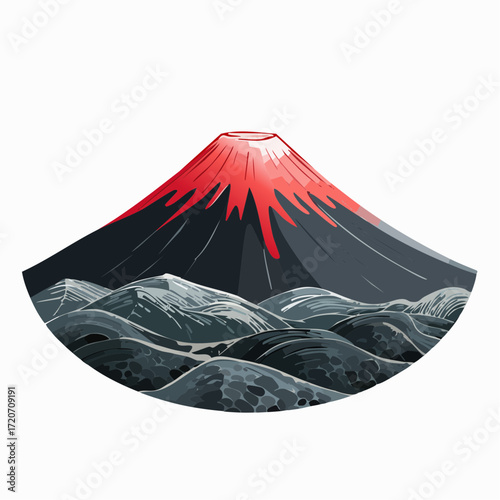A refined vector illustration of Mount Fuji's volcanic landscape, featuring dark lava fields and a stark gray mountain in a dramatic black and red color scheme with precise textures, ideal for geologi