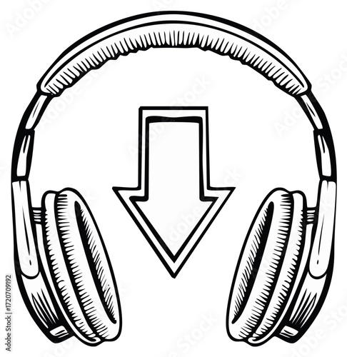 Hand drawn headphones with a download arrow icon for music, audio, and podcast downloading concepts