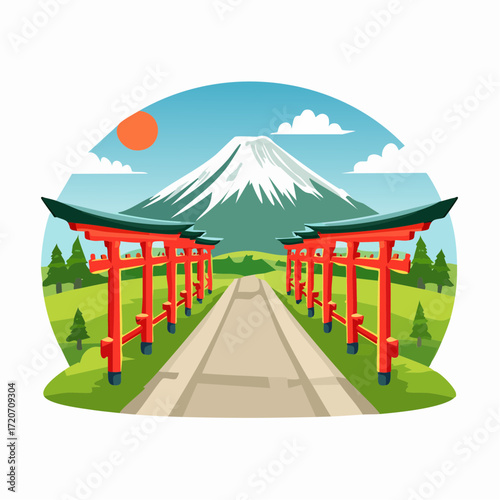 A detailed vector illustration of a pathway to a shrine near Mount Fuji, with traditional red torii gates and a lush green backdrop in a vibrant color scheme, ideal for cultural travel guides.
