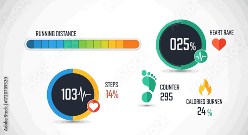 Flat lay of colorful fitness app interface elements showing running distance, heart rate, steps, and calories burned against a white background with a clean, modern