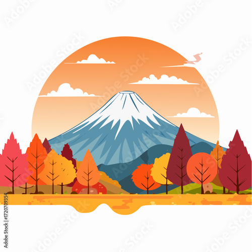 A refined vector illustration of Mount Fuji's foothills in autumn, featuring rich orange and brown foliage with a clear mountain view in a natural palette, suitable for seasonal postcards.
