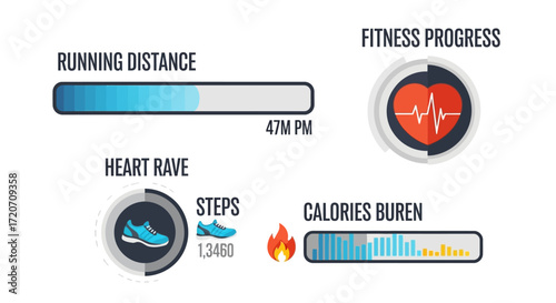 Flat lay image of fitness tracker app interface showing running distance, heart rate, steps, and calories burned progress bars with a clean white background and a cool