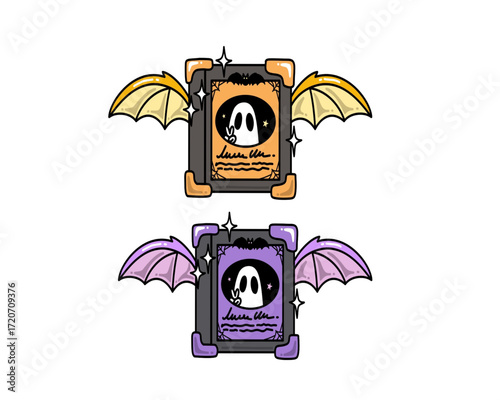 Cute Halloween magic spellbooks featuring playful ghosts and whimsical bat wings, ideal for enchanting graphic designs and festive spooky season decor