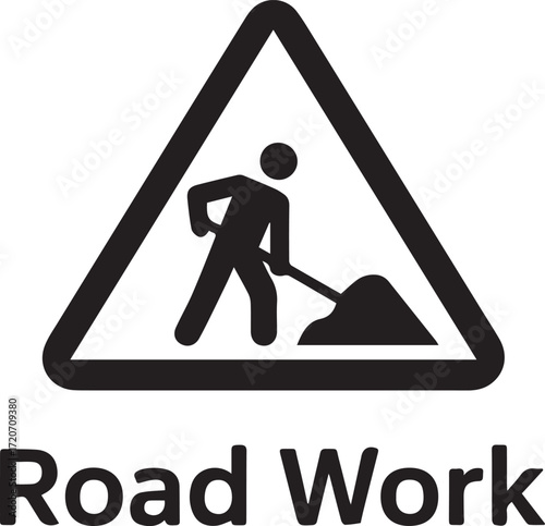 Road construction warning banner with safety cones and equipment