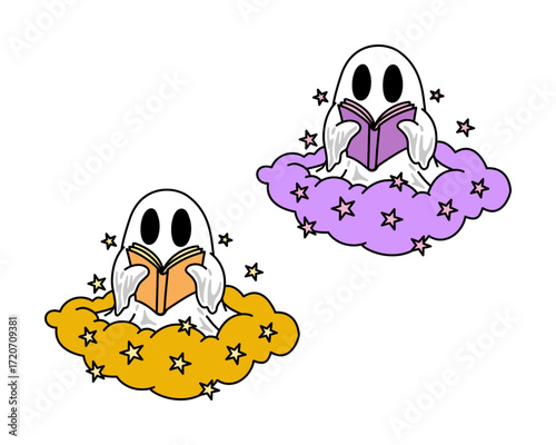 Halloween Ghost Readers Spooky Companions Cozying Up with Books in the Sky