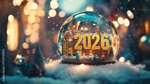A festive snow globe with golden 2026 inside and bokeh lights in the background creating a magical scene