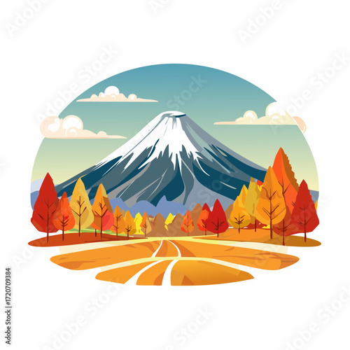 A refined vector illustration of Mount Fuji's foothills in autumn, featuring rich orange and brown foliage with a clear mountain view in a natural palette, suitable for seasonal postcards.
