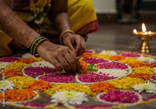 Woman arranges floral pattern of tropical fresh flowers to create a colorful pookalam. Traditional floral cultural celebration decor for Onam, harvest festival celebrating.
