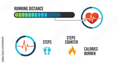 Flat lay image of fitness tracking app interface showing running distance, steps, heart rate, and calories burned; vibrant color scheme against white background.
