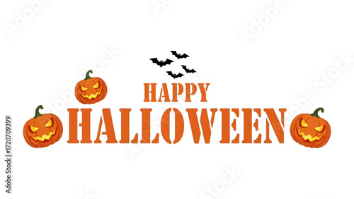 Happy Halloween Text with Pumpkins and Bats: A festive digital illustration celebrating Halloween, featuring cheerful jack-o'-lanterns, fluttering bats, and bold typography in vibrant orange.